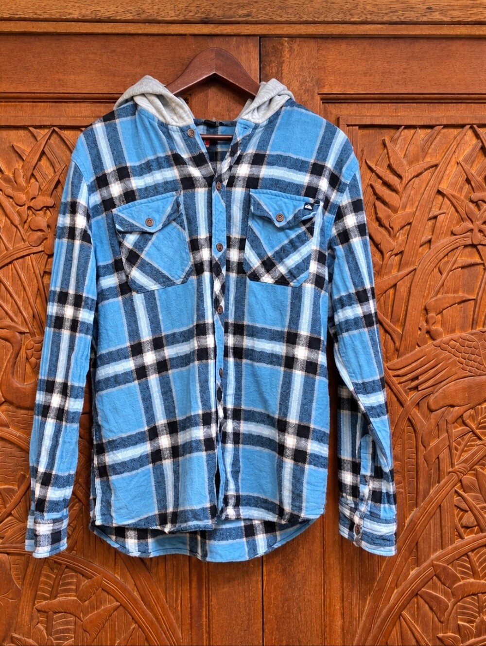 Quiksilver Blue Plaid Cotton Hooded Flannel Shacket Surf Style Men's Slim Medium